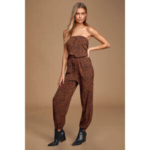 Lulus Sweet Temptation Black And Brown Leopard Strapless Jumpsuit - Size S
